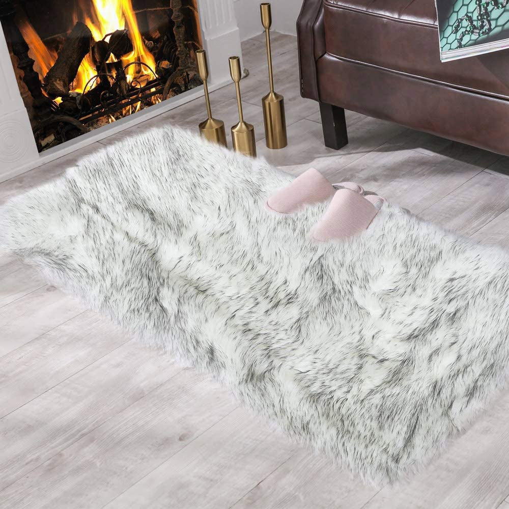 2X4Ft White Faux Sheepskin Rug with Black Tips Soft Shaggy Plush Area Mat for Bedroom Living Room beside Floor Decor