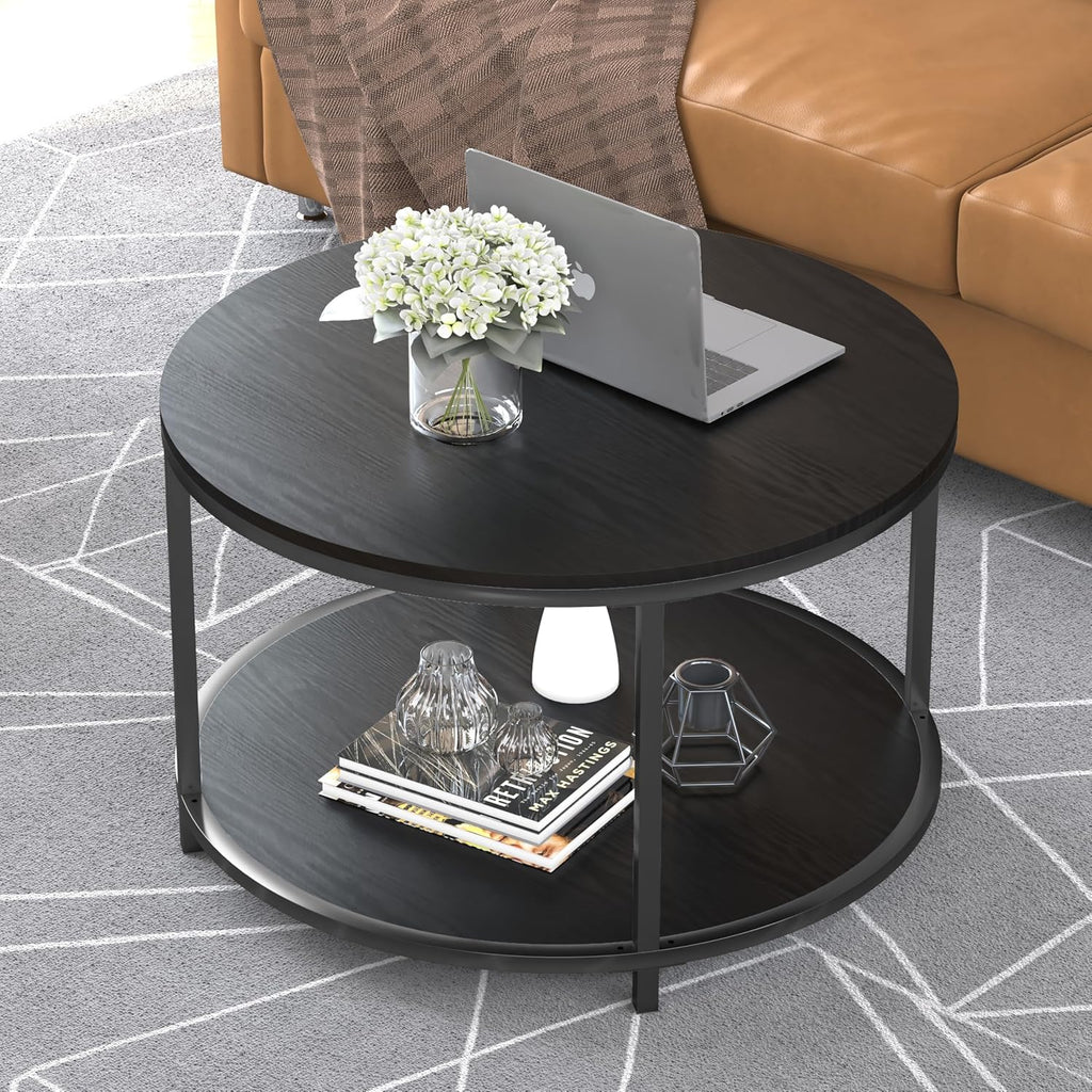 round Coffee Table, 25.6" Small Coffee Table for Living Room,2-Tier Rustic Wood Desktop with Storage Shelf Modern Design Home Furniture(Brown)