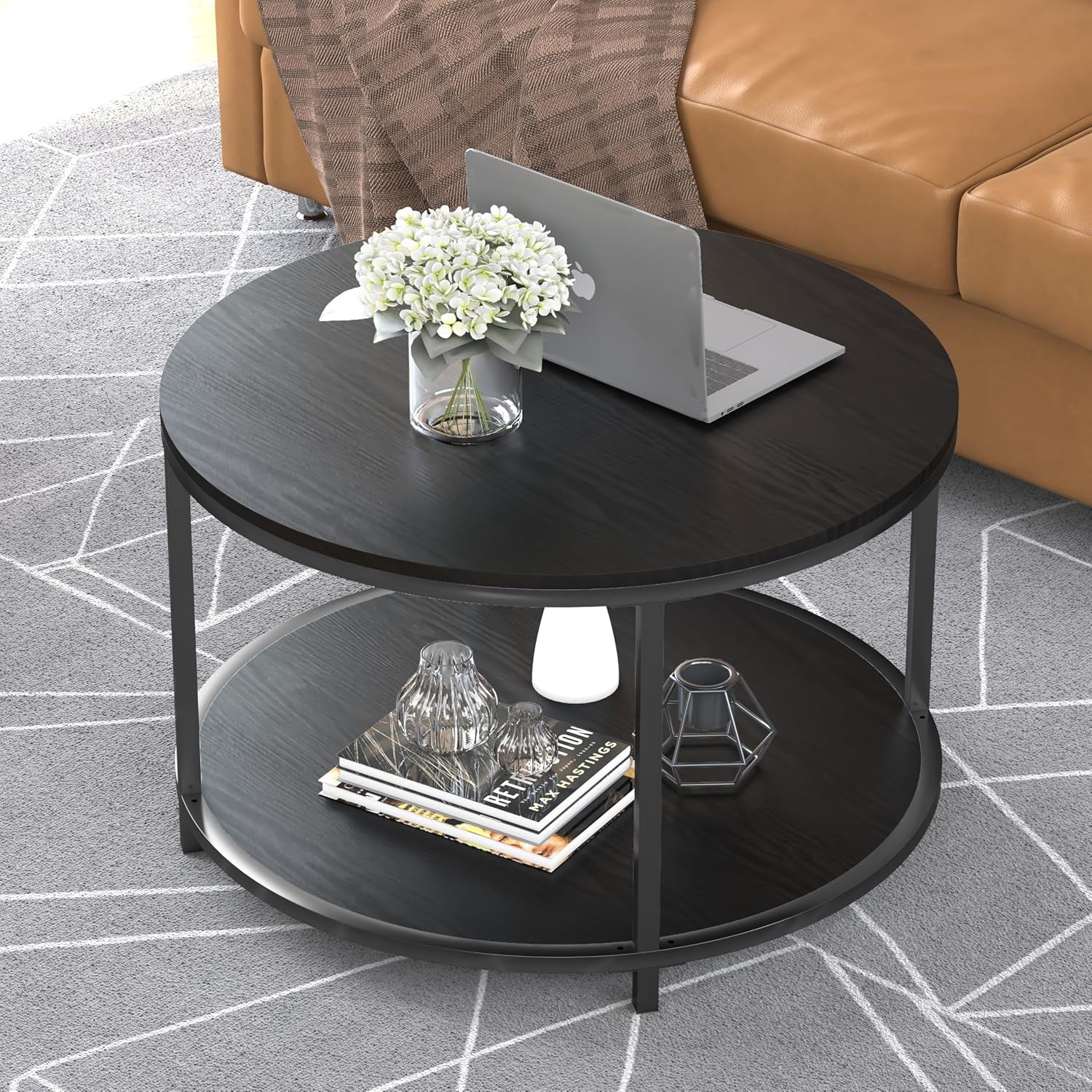 round Coffee Table, 25.6" Small Coffee Table for Living Room,2-Tier Rustic Wood Desktop with Storage Shelf Modern Design Home Furniture(Brown)