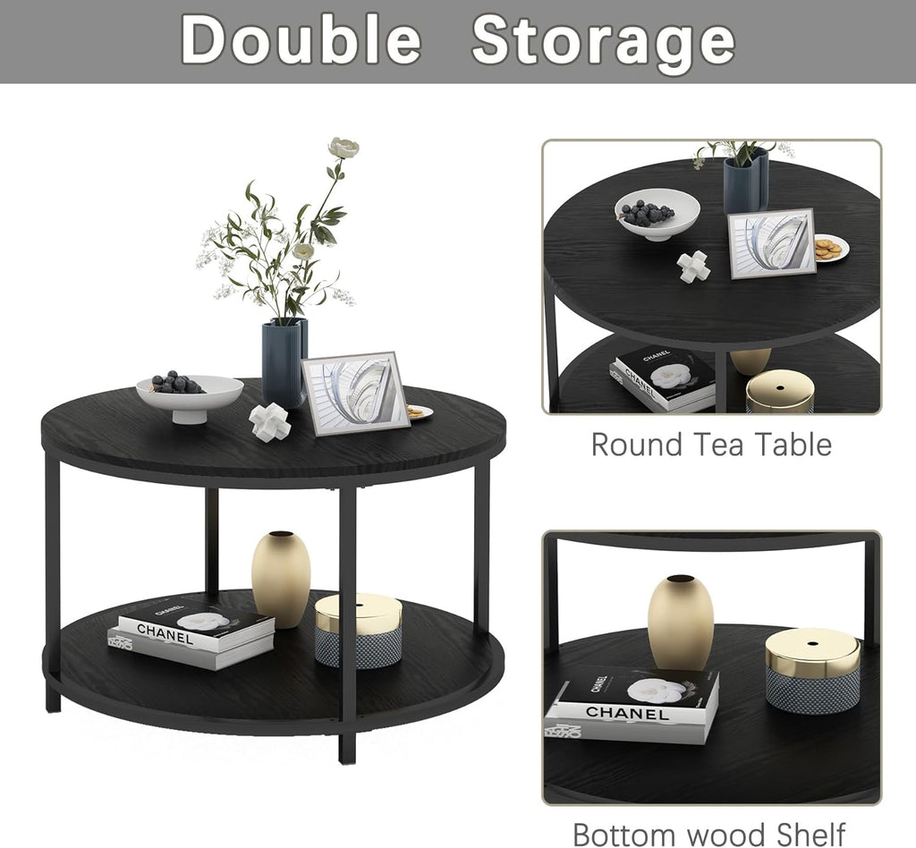 round Coffee Table, 25.6" Small Coffee Table for Living Room,2-Tier Rustic Wood Desktop with Storage Shelf Modern Design Home Furniture(Brown)