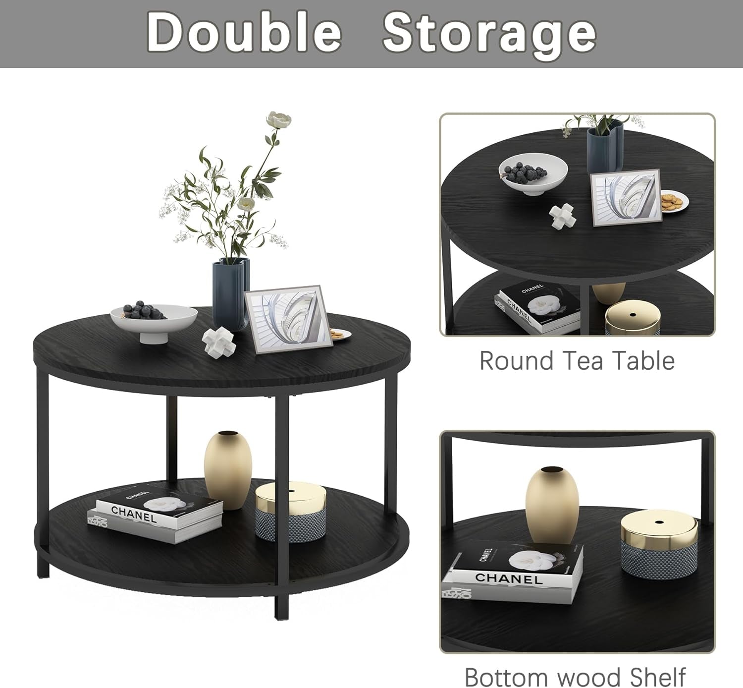 round Coffee Table, 25.6" Small Coffee Table for Living Room,2-Tier Rustic Wood Desktop with Storage Shelf Modern Design Home Furniture(Brown)