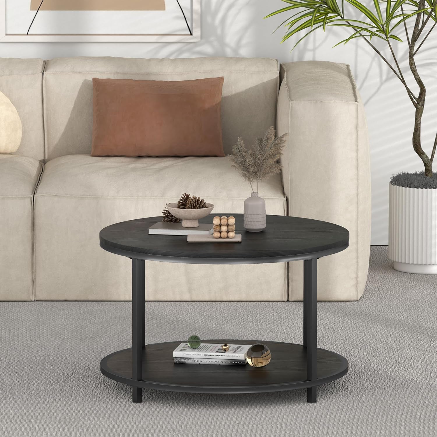 round Coffee Table, 25.6" Small Coffee Table for Living Room,2-Tier Rustic Wood Desktop with Storage Shelf Modern Design Home Furniture(Brown)