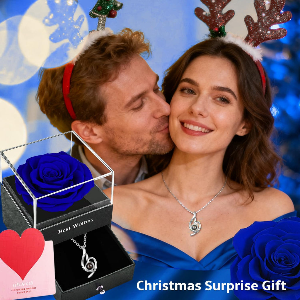 Blue Rose Gift Box with 925 Sterling Silver Women Necklace Inside,Forever Real Rose Jewelry Box with I Love You Necklace 100 Languages,Preserved Flower for Mothers Day Gifts, Enchanted Rose for Her.