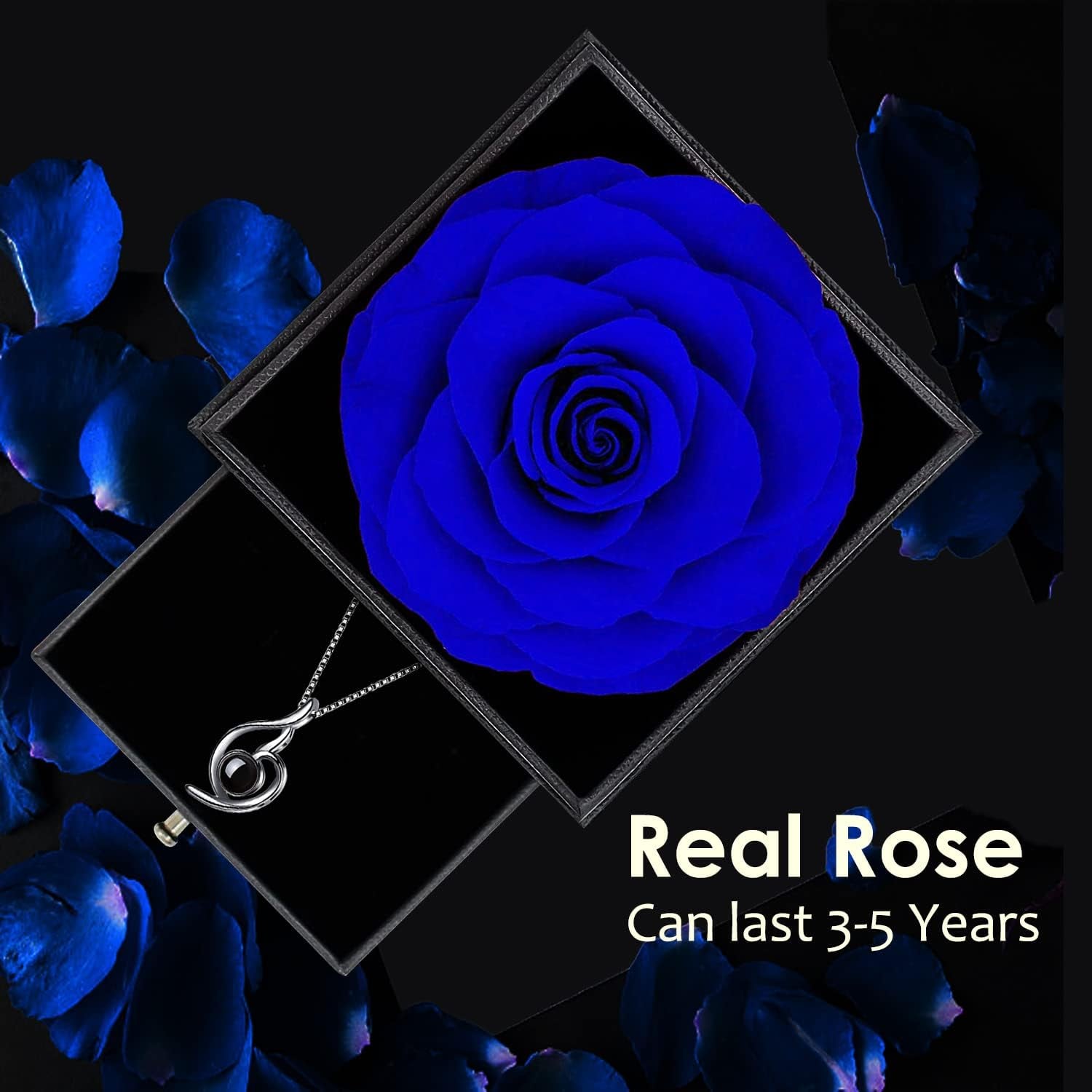 Blue Rose Gift Box with 925 Sterling Silver Women Necklace Inside,Forever Real Rose Jewelry Box with I Love You Necklace 100 Languages,Preserved Flower for Mothers Day Gifts, Enchanted Rose for Her.