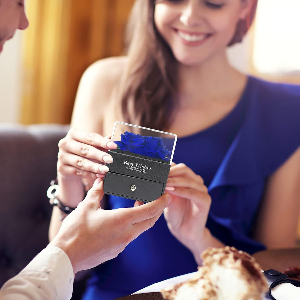 Blue Rose Gift Box with 925 Sterling Silver Women Necklace Inside,Forever Real Rose Jewelry Box with I Love You Necklace 100 Languages,Preserved Flower for Mothers Day Gifts, Enchanted Rose for Her.