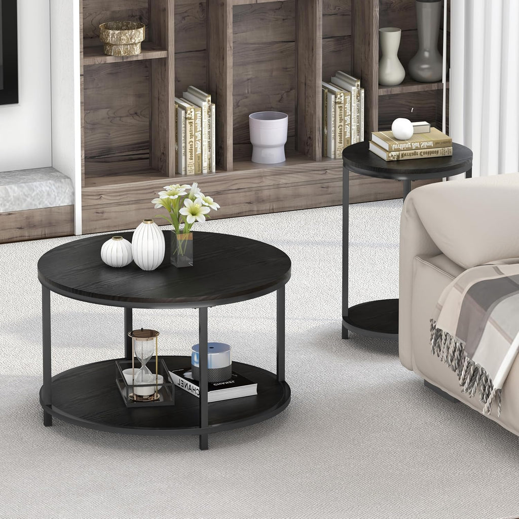 round Coffee Table, 25.6" Small Coffee Table for Living Room,2-Tier Rustic Wood Desktop with Storage Shelf Modern Design Home Furniture(Brown)
