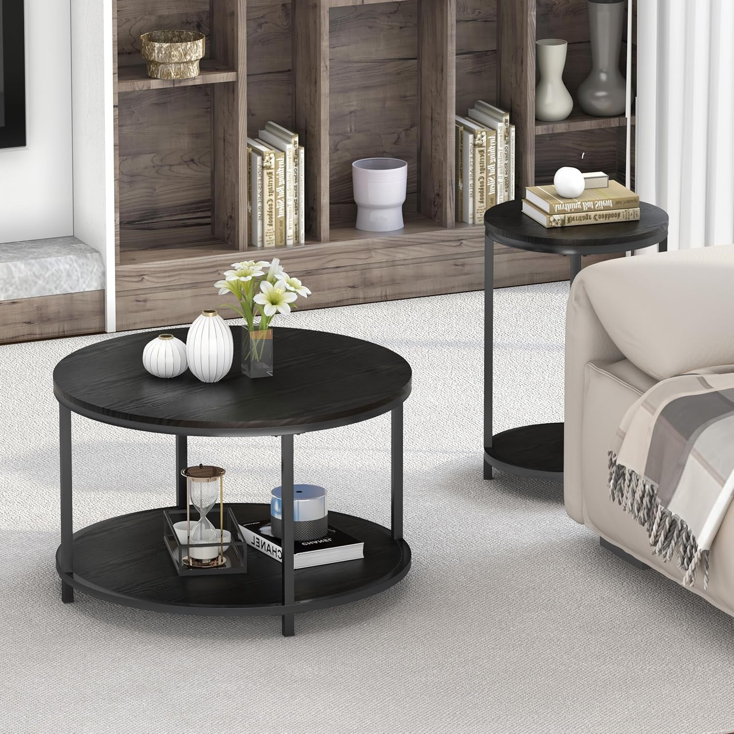 round Coffee Table, 25.6" Small Coffee Table for Living Room,2-Tier Rustic Wood Desktop with Storage Shelf Modern Design Home Furniture(Brown)