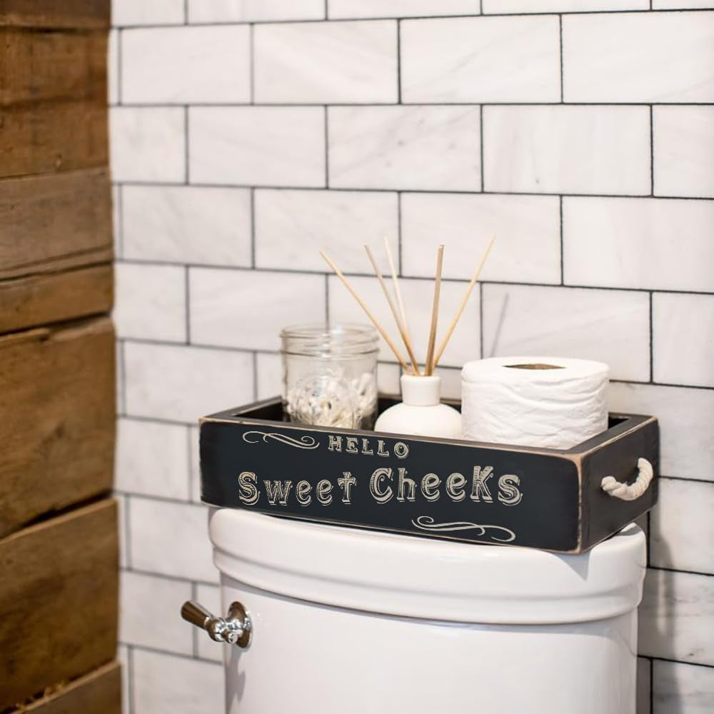 Hello Sweet Cheeks Bathroom Decor Box, One Box with Design on 2 Sides Farmhouse Bathroom Decor Toilet Organizer