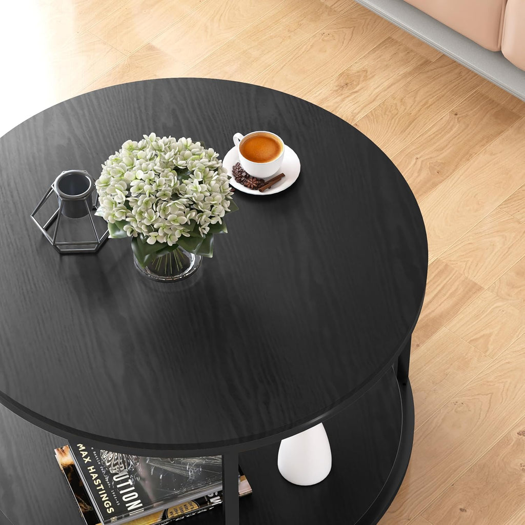 round Coffee Table, 25.6" Small Coffee Table for Living Room,2-Tier Rustic Wood Desktop with Storage Shelf Modern Design Home Furniture(Brown)