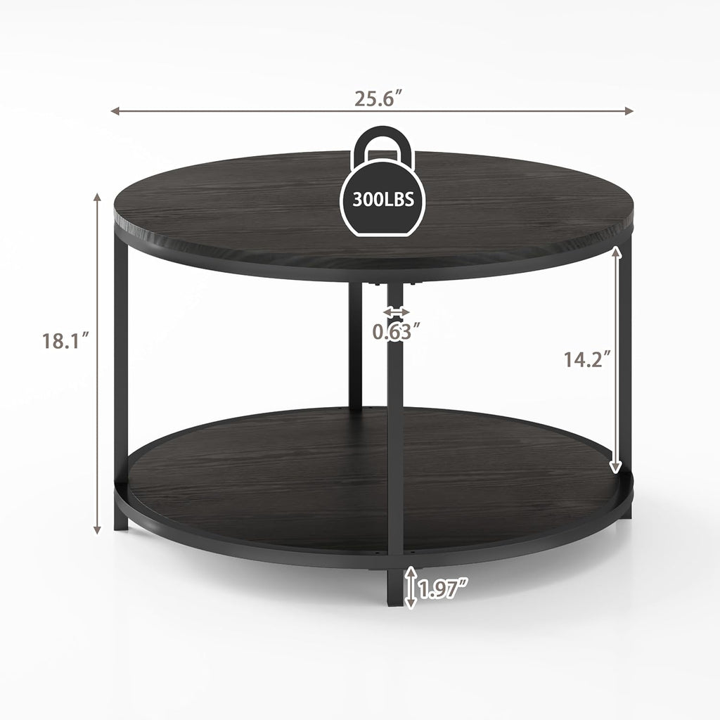 round Coffee Table, 25.6" Small Coffee Table for Living Room,2-Tier Rustic Wood Desktop with Storage Shelf Modern Design Home Furniture(Brown)